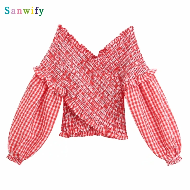 

2020 Englan Style Women red plaid elastic short smock blouse shirts women lantern sleeve agaric lace slim femininas tops LS6436