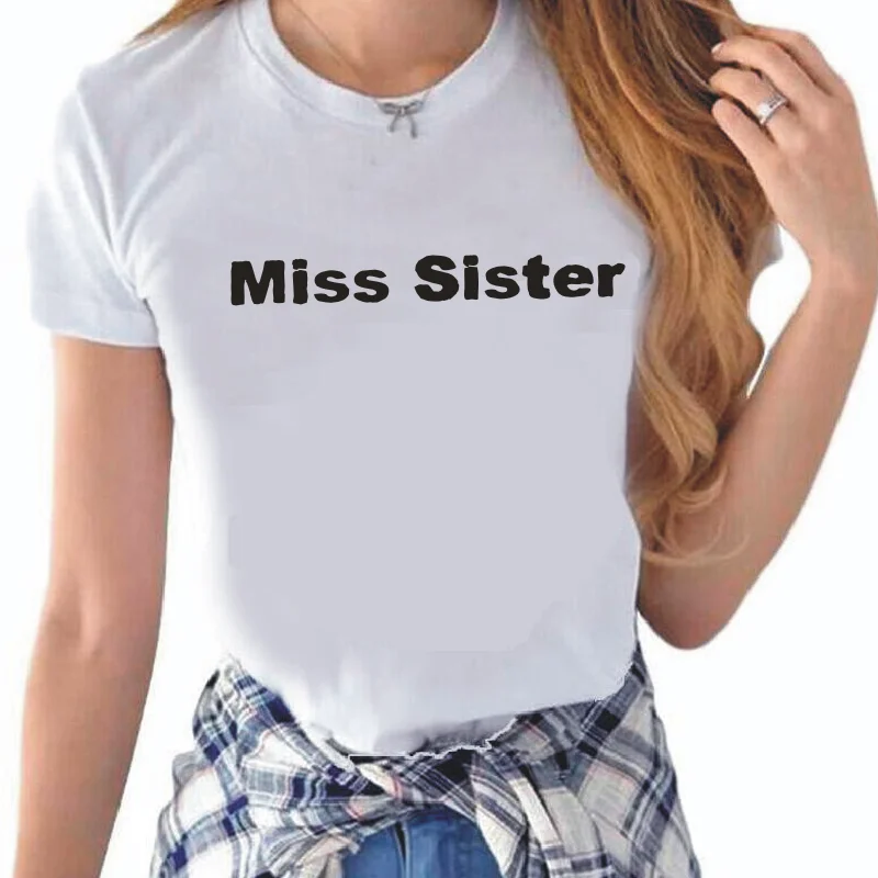 Футболка женская с надписью Miss sister повседневная хлопковая рубашка в стиле