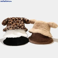 winter fashion cute leopard rabbit ear bucket hat for women thick warm faux fur furly fisherman cap outdoor protection panama