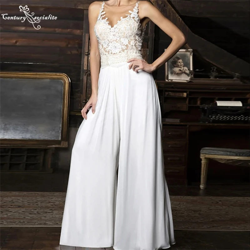 

Jumpsuits Wedding Dresses for Women Lace Appliques Beaded Bride Reception Jumpsuit Bridal Pant Suits Vestido De Noiva