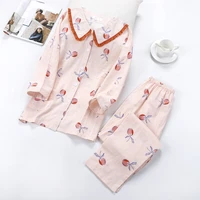 spring thin cotton double layer gauze long sleeved women pajamas printing pregnant women home clothing maternity set clothes