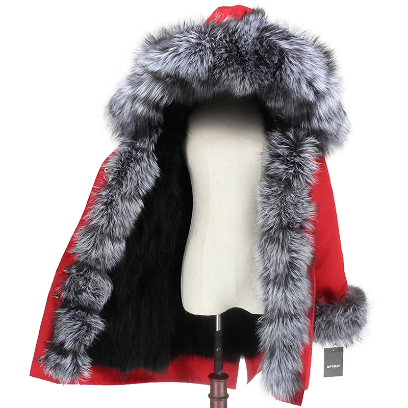red black silver OFTBUY, водонепроницаемое пальто с натуральным мехом, длинная парка, зимняя куртка для женщин, натуральный мех енота, воротник, капюшон, подкладка из лисьего меха, теплая уличная одежда - Цвет: red black silver