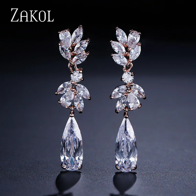 Rose Gold Color ZAKOL белый цвет в форме цветка Циркон капли воды Кристалл кулон Висячие серьги для женщин Свадебные украшения FSEP50L - Окраска металла: Rose Gold Color