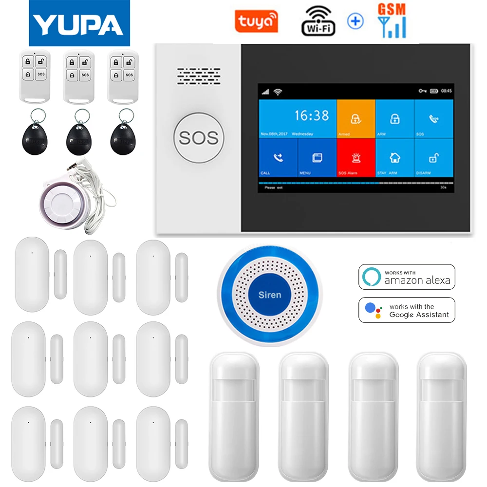 TUYA WIFI&GSM 4.3 Inch Full Touch Smart Home Alarm Security System With Wireless Indoor Mini Siren Works Alexa & Google Home