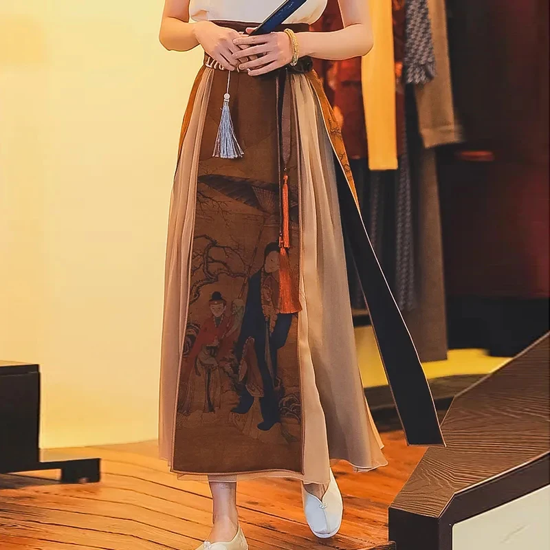 

Double-sided satin imitation fragrant cloud yarn lady figure printing improved horse face skirt new korean fashion clothing