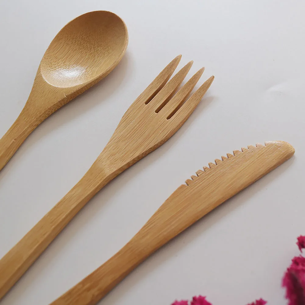 3Pcs/set Wood Portable Tableware Wooden Cutlery Sets Bamboo Fork Travel Dinnerware Suit Environmental Kitchen Tool Droshipping | Дом и сад