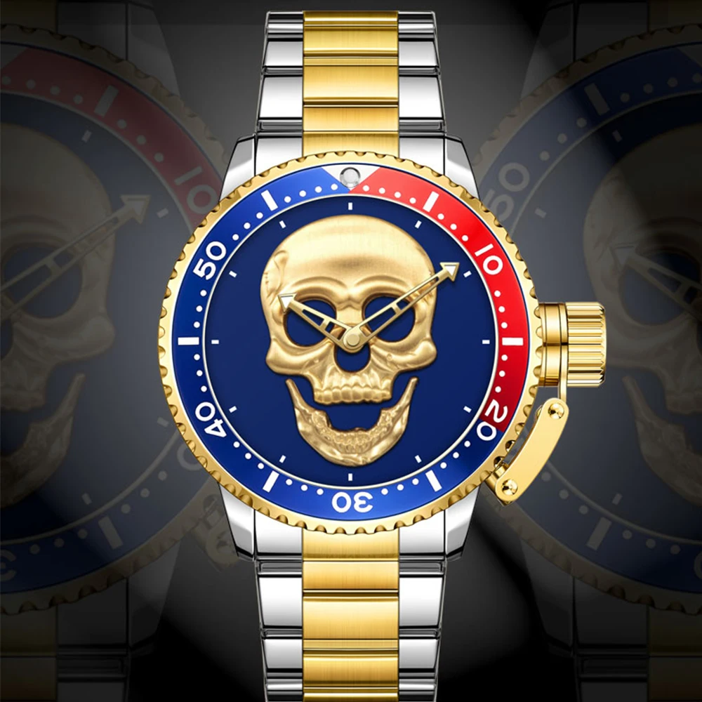 WWOOR Men Fashion Casual Skull Watch Creative Stainless Steel Quartz Watch Top Brand Luxury Wristwatch For Men Relogio Masculino