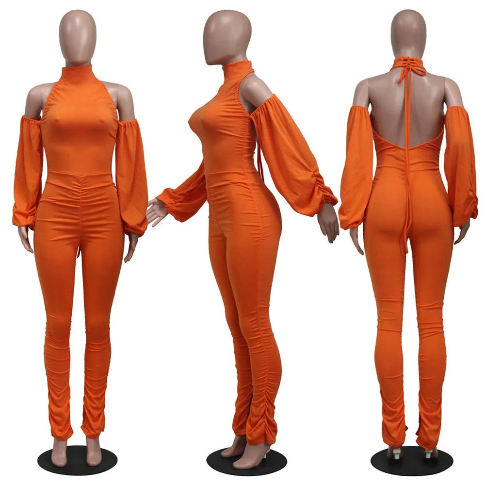 

Ruched Drawstring Rompers Womens Jumpsuit Halter Neck Long Lantern Sleeve Bodycon Bodysuit Off Shoulder Backless Stacked Overall