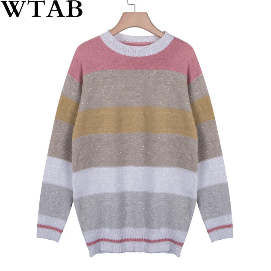 Женский свитер с круглым вырезом WTAB вязаный пуловер в стиле пэчворк длинными