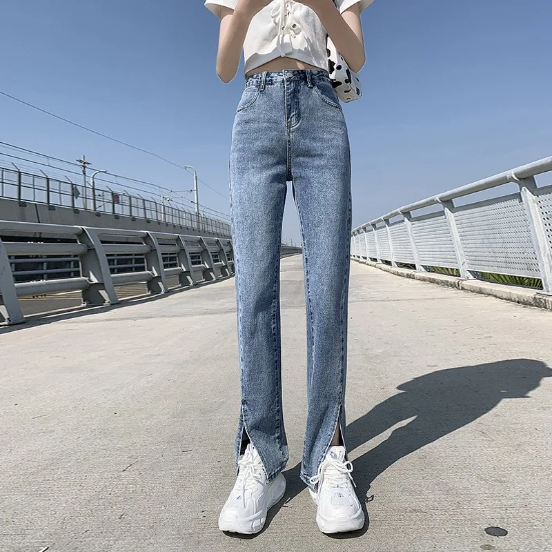 

2021 European and American Summer New High-waist Women's Jeans Slit Long Trousers Are Thin and Tall Loose Women's Pants