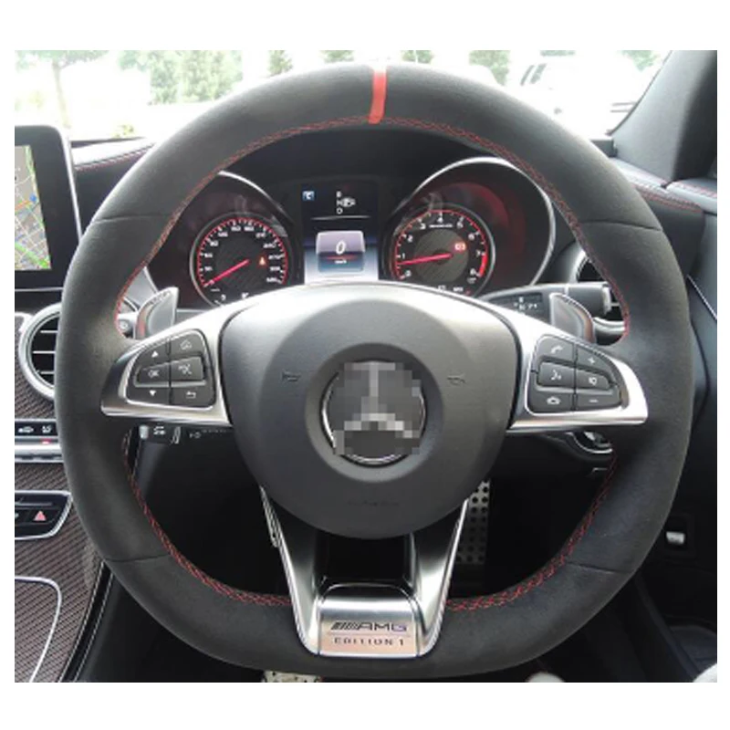 Для Benz AMG C63S высокое качество ручная прошивка противоскользящая черная замша красная нить DIY чехол на руль