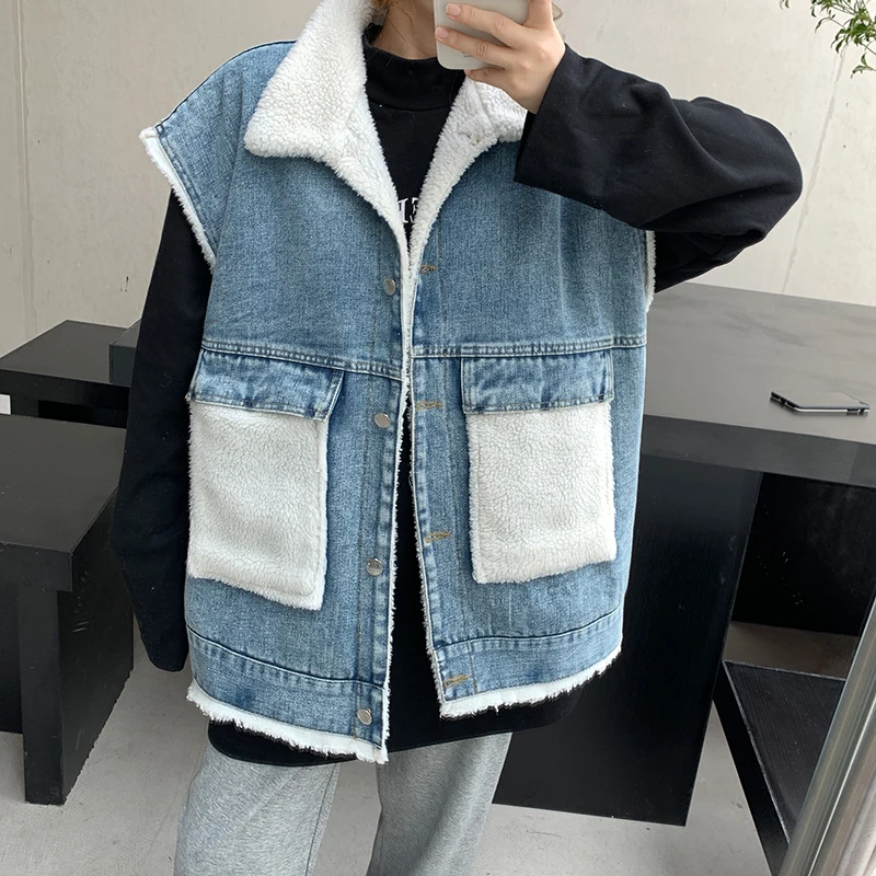 

Женский джинсовый жилет, Свободный жилет с карманами, в стиле пэчворк, Осень-зима