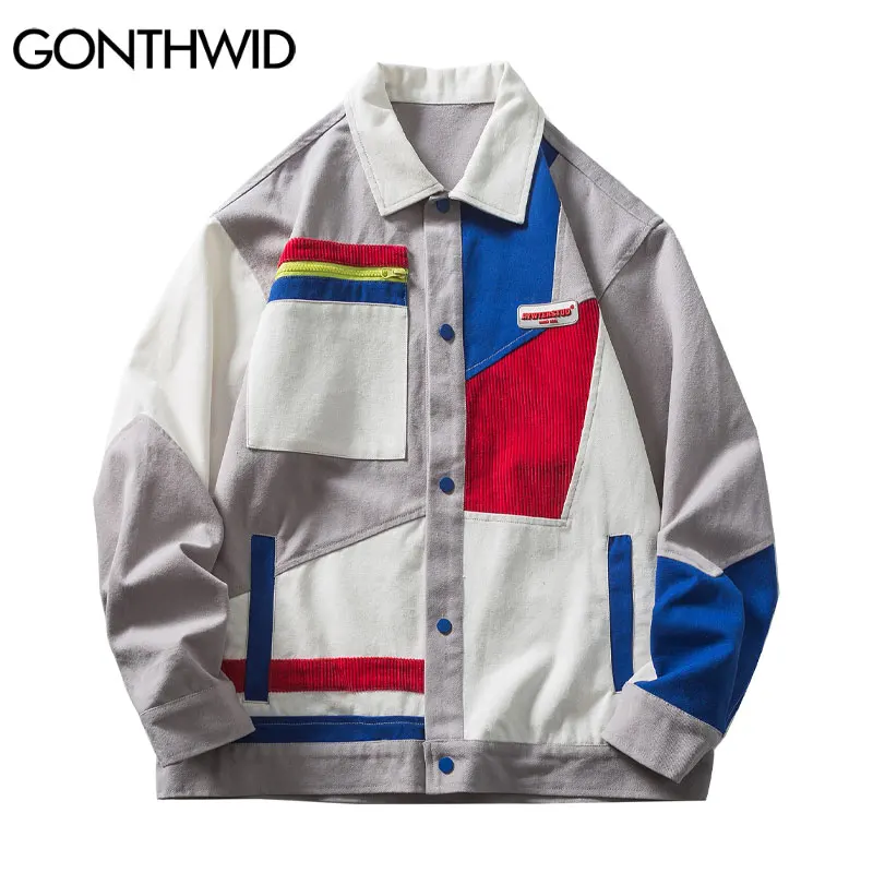 

GONTHWID Jackets Harajuku Vintage Color Block Patchwork Jacket Coats Streetwear Mens Hip Hop Casual Cotton Coat Tops Outwear
