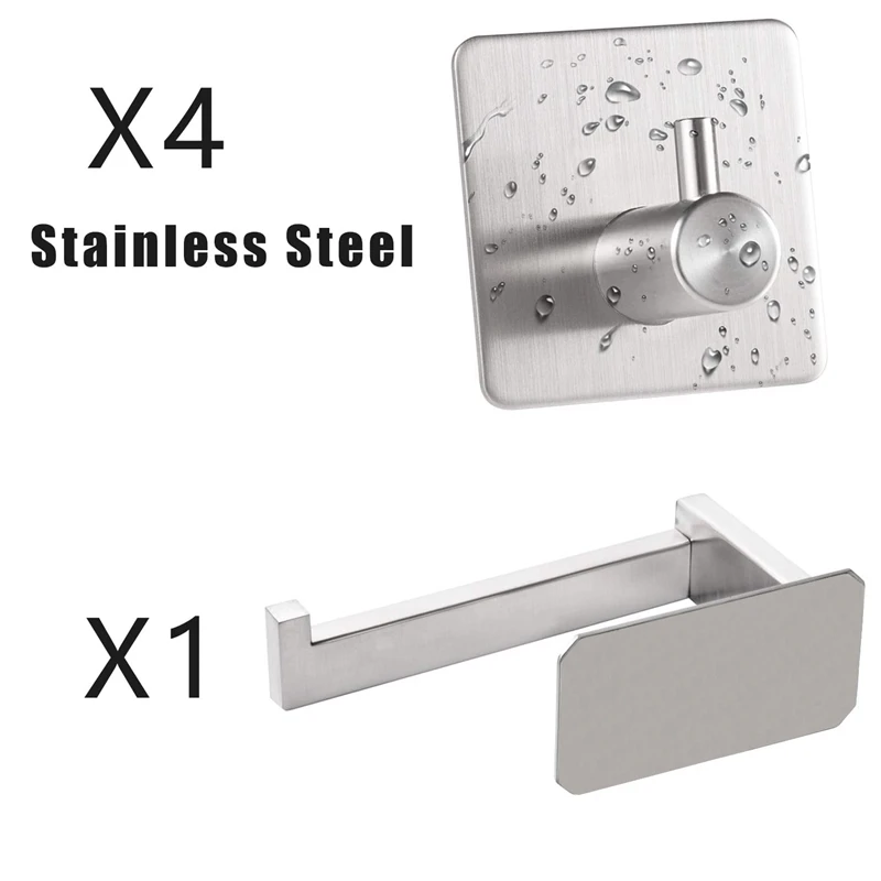 

Stainless Steel Toilet Paper Holder Toilet Paper Holder with 4 Self-Adhesive Towel Hooks for Bathroom and Kitchen