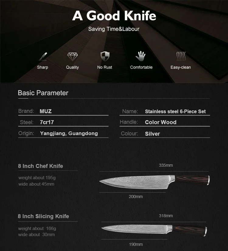 Набор ножей из нержавеющей стали Santoku 8 дюймов поварские ножи с ножками дамасский узор Кухонные гаджеты Инструменты Посуда Ножи держатель