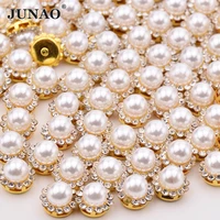 junao 8 10 12 mm sewing white pearl beads rhinestone gold claw crystal appliques round flower strass diamond for crafts
