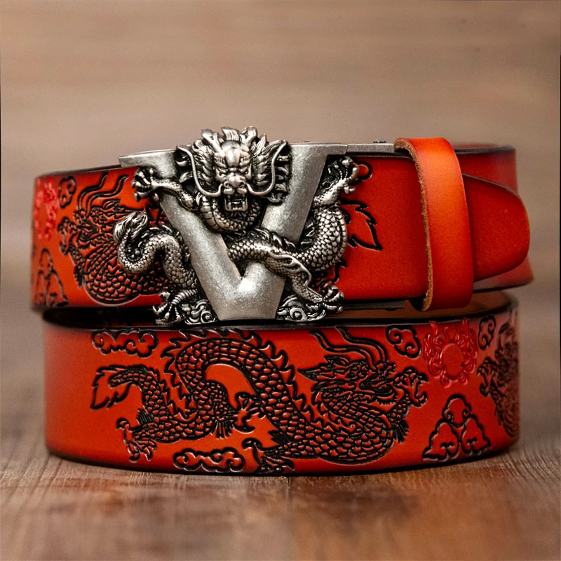 

New Male China Dragon Belt Cowskin Genuine Leather Belt for Men Carving Dragon Pattern Automatic Buckle Belt Strap For Jeans