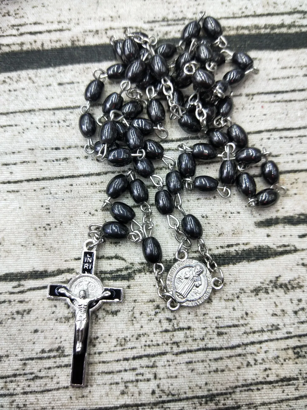 Рисовая форма Черный желчный камень Розария ожерелье крест католическая церковь