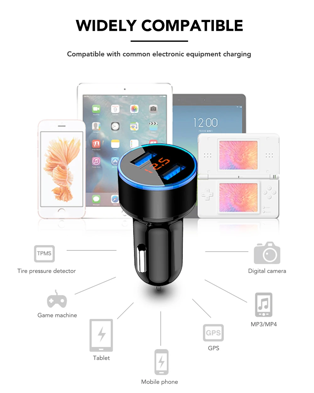 3.1A двойной USB Автомобильное зарядное устройство с светодиодный дисплей для Daewoo