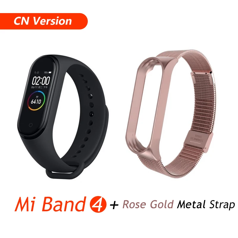 CN Add Rose Gold Фирменный Xiaomi mi браслет 4 браслет mi Band 4 фитнес-браслет 3 цвета AMOLED экран музыкальный контроль Smartband - Цвет: CN Add Rose Gold