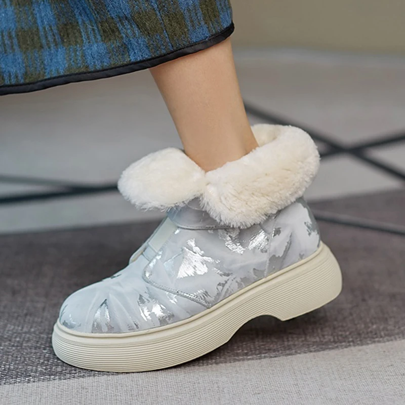 

Fashion Mixed Colors Women Snow Boots Warm Wool Winter Ankle Boots for Women Chunky Heels Cow Leather Platform Shoes Woman