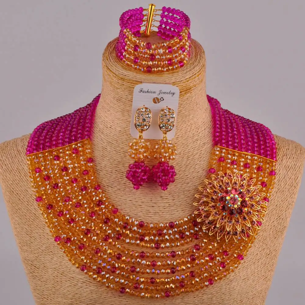 

fuchsia pink and champagne gold ab african wedding jewelry set 10SZ
