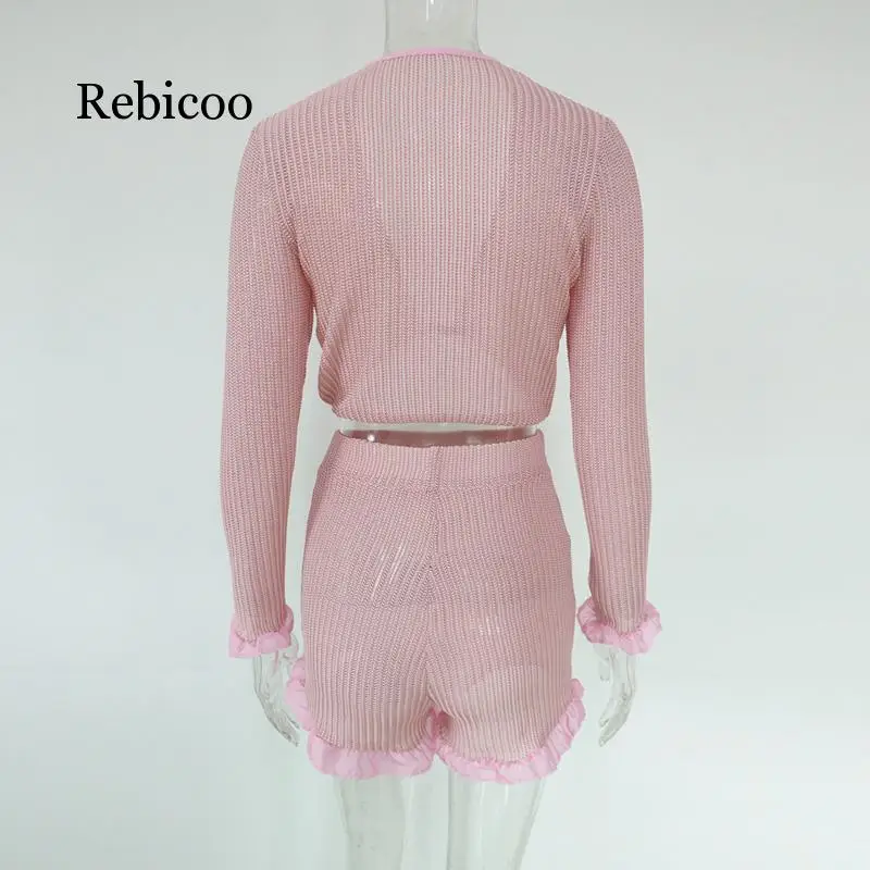 

Rebicoo cute ruffled shorts two-piece ladies bohemian knit suit