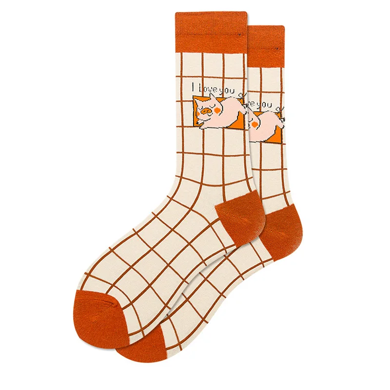 Coffee plaid pig Мужские Короткие хлопковые носки для катания на коньках в стиле хип-хоп, веселые женские носки, новинка, зимние теплые носки для скейтборда, роскошные причудливые носки - Цвет: Coffee plaid pig