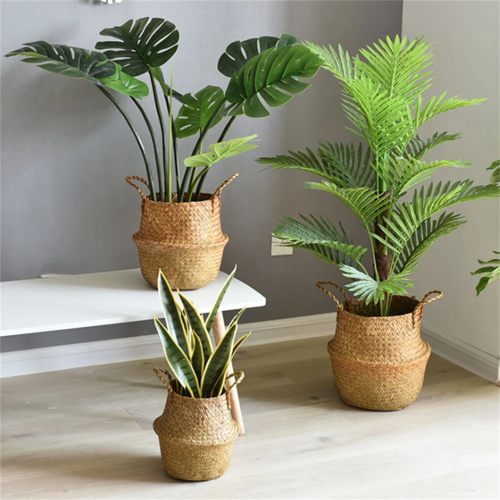 

Handmade Woven Storage Basket Folding Clothes Laundry Basket Straw Wicker Rattan Seagrass Belly Garden Flower Pot Plant Basket