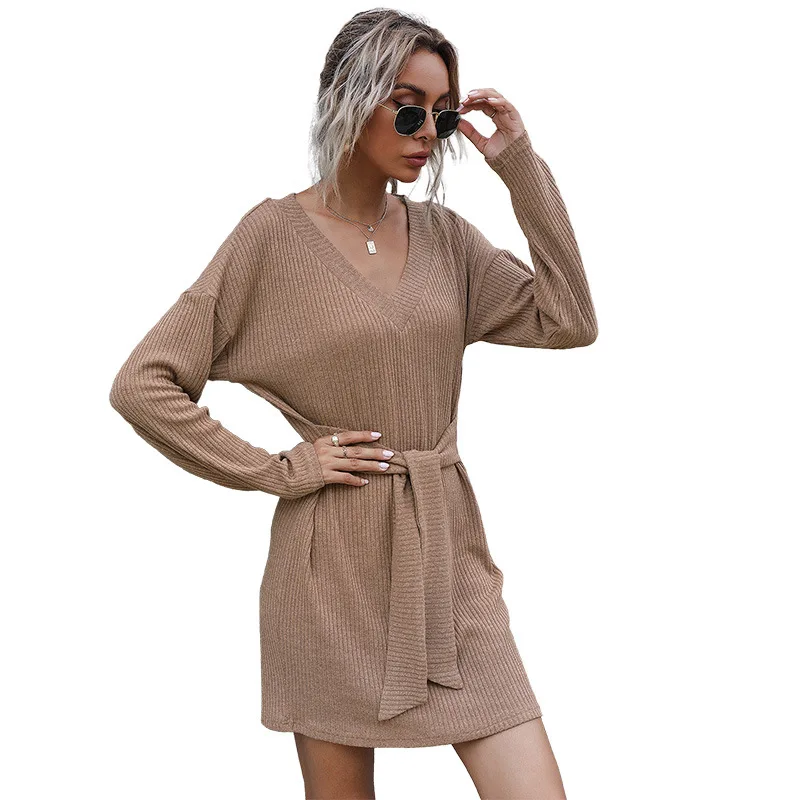 

2021 Autumn New Short Long-sleeved Solid Color V-neck Knitted Sweater Dress