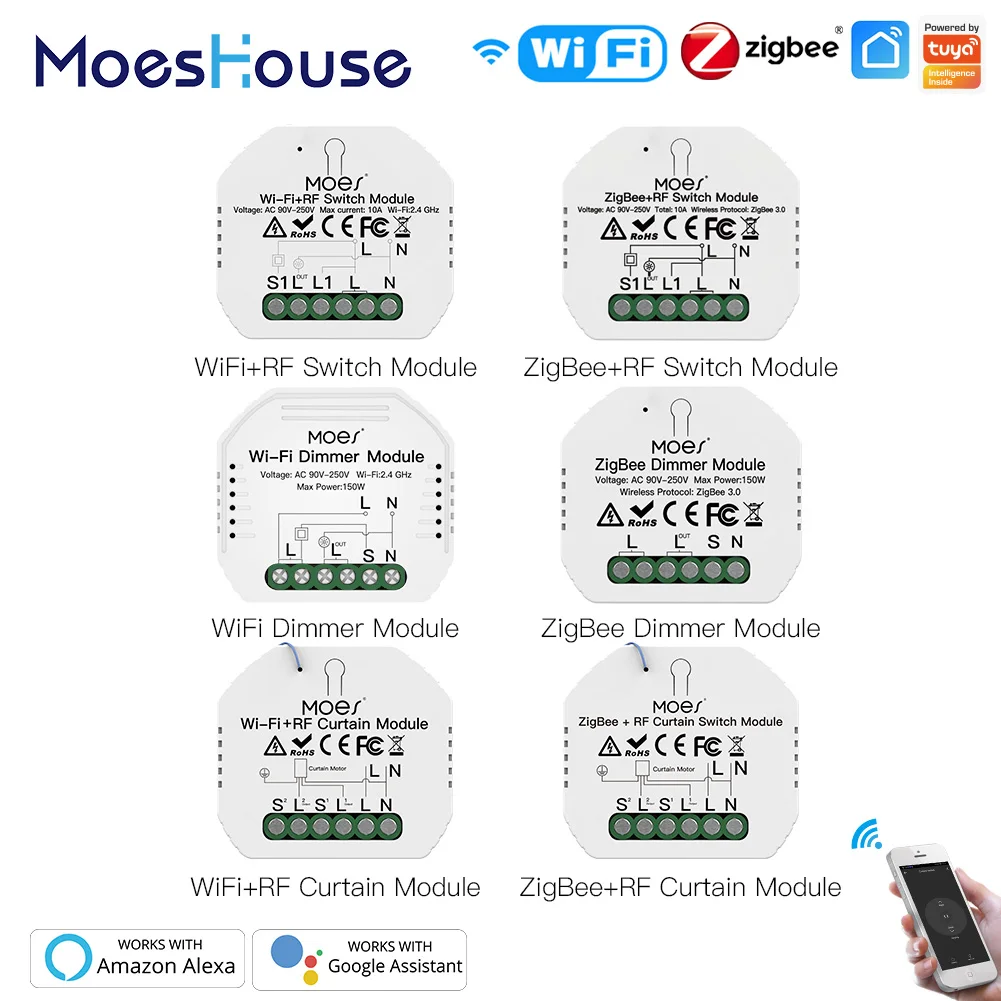 

MoesHouse ZigBee WiFi Smart Switch Module Dimmer Curtain Switch Smart Life App Remote Control Alexa Google Home Voice Control