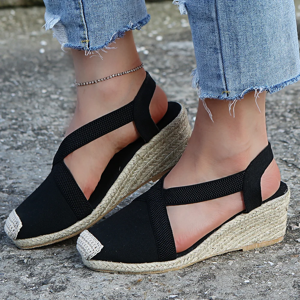 

Summer Hemp Sole Platform Wedge Sandals Women Fishmen Elastic Band Back Strap Pointed Toe Casual Leisure Shoes Ladies Female