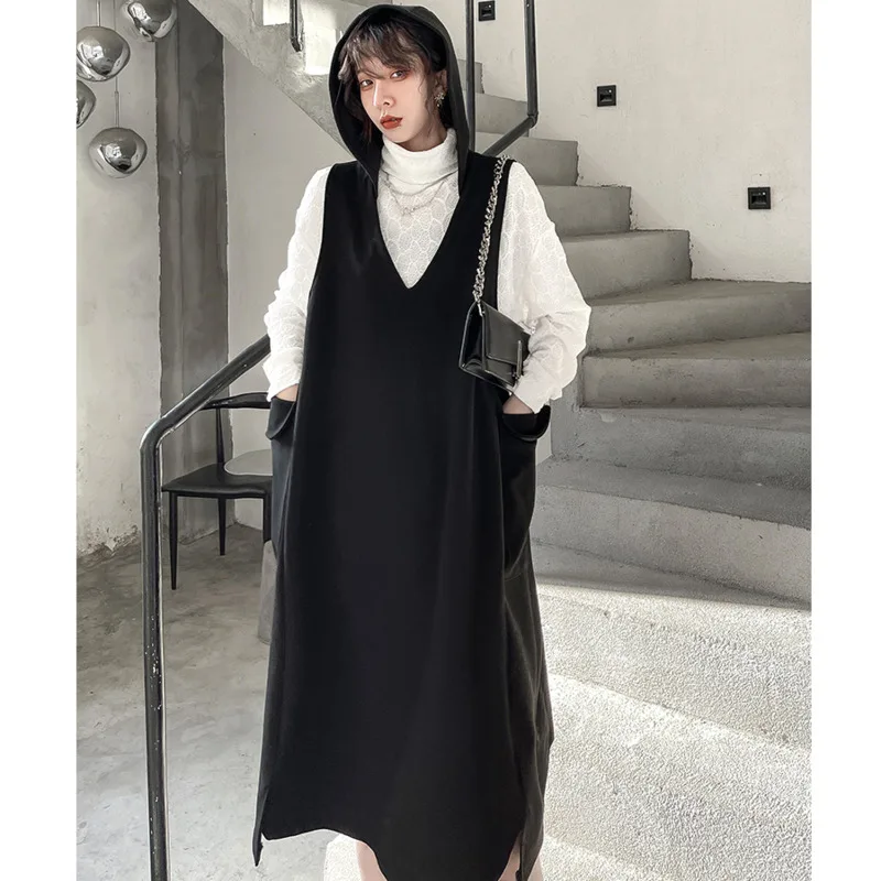 

XUXI Women Pullover Woolen Cloth Vest Dress Spring Autumn 2021 Sleeveless Hooded V-Neck Over The Knee Skirt E4592