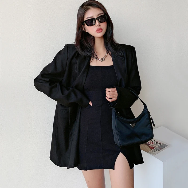 

Women Boyfriend Blazer Coat In Black Notch Lapels Double Breasted Blazer