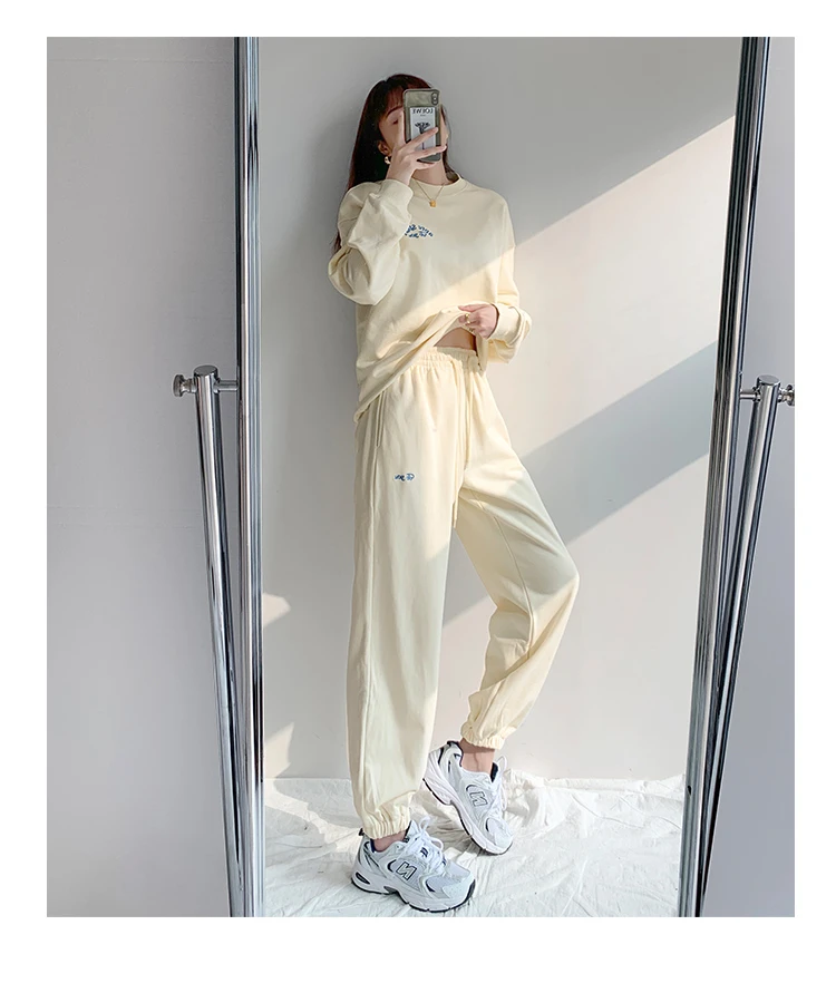 

Europe Loose Round Neck Sweatshirt Autumn Winter Lettered Print Top Thickened + Harem Pants Leggings Two Piece Set NA6B