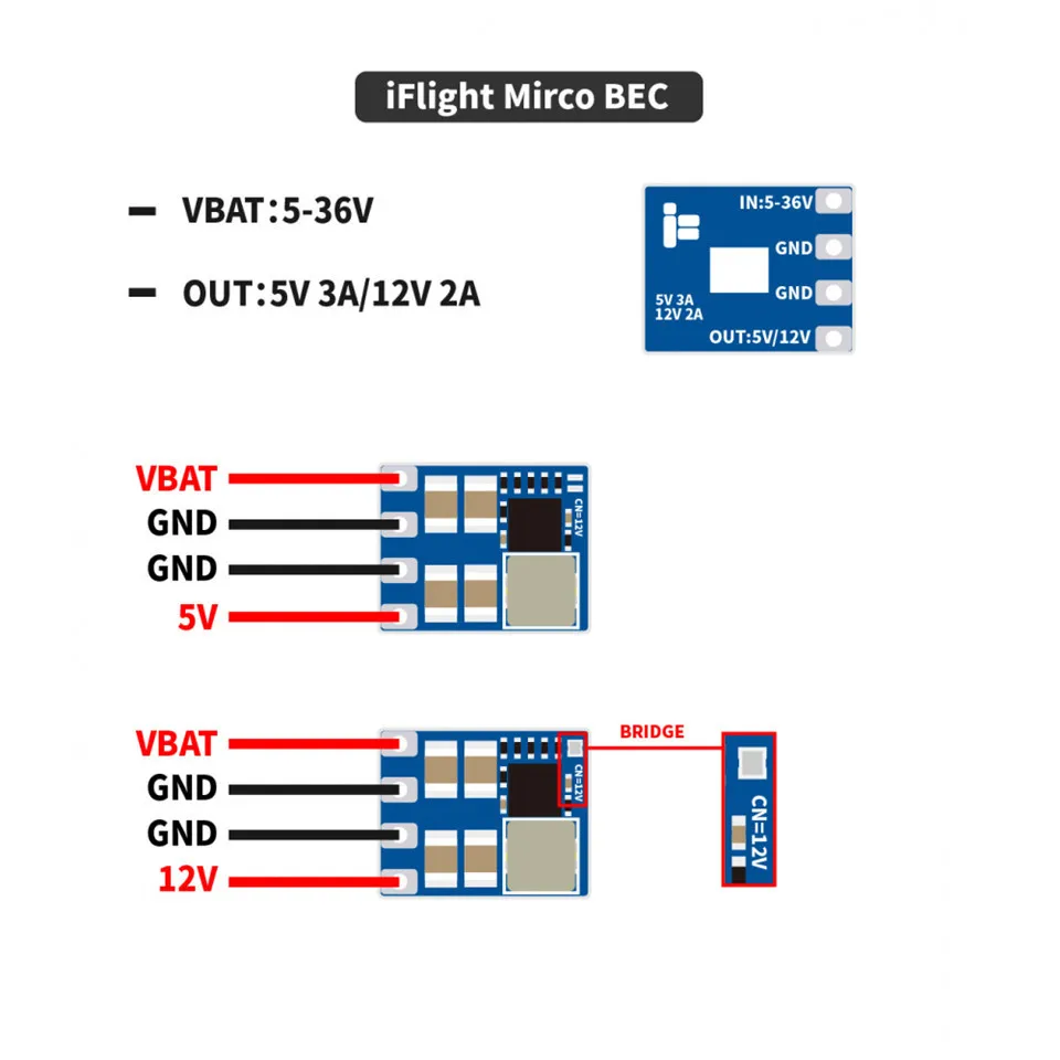 

iFlight Micro 2-8S BEC Module 5V 3A 12V 2A Output Step-down Switch Mode 5V to 36V 2-8S Input Voltage Range for FPV Drone Parts
