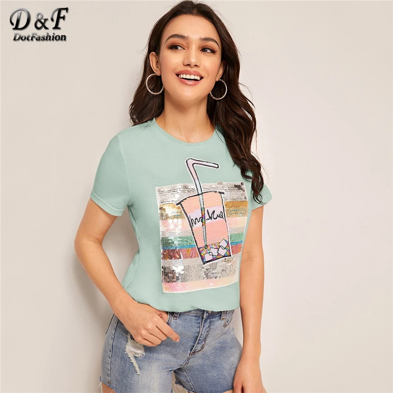Dotfashion белый топ с блестками и цветными блоками для женщин Летняя Повседневная футболка с коротким рукавом Женская корейская модная футболка