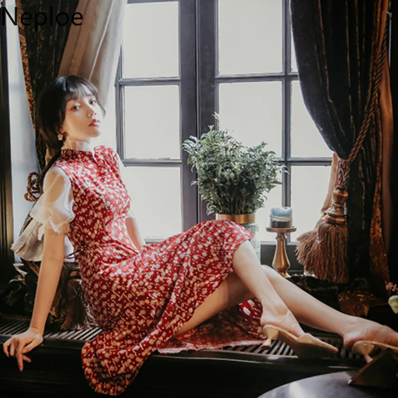 Непло цветочный принт женское платье Лето 2019 Ретро стоячий воротник короткий