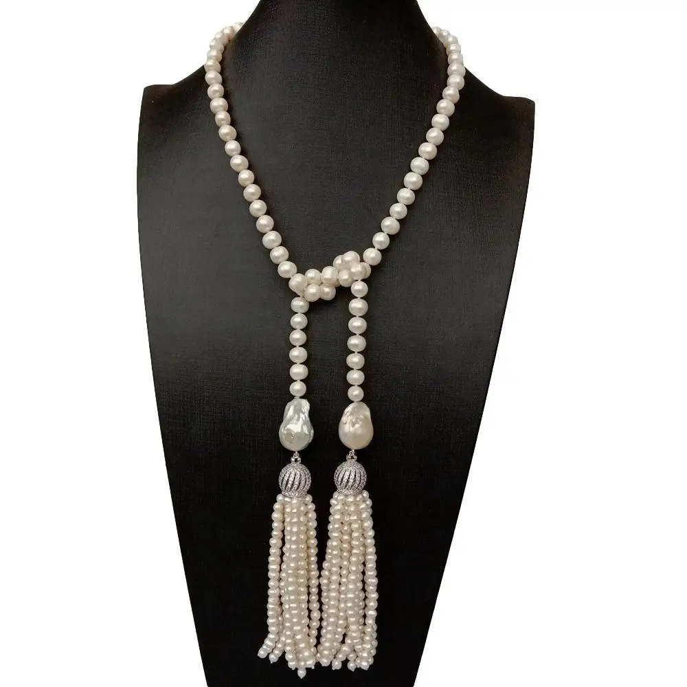 

Y·YING Freshwater Cultured White Potato Pearl Pearl Long Loop Necklace Cubic Zirconia Pave Pearl Tassel 36"