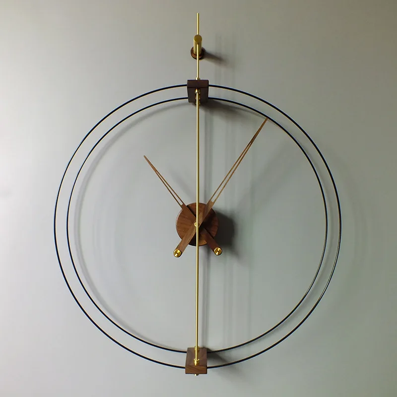 

Nordic Creative Spain Wall Clock Black Walnut Solid Wood Large Pointer Double Circle Double Pole Silent Wall Hanging