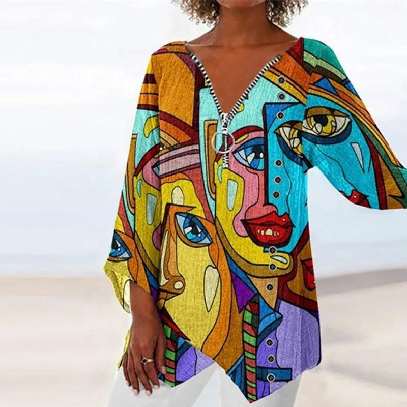 

Женская винтажная блузка с мультяшным принтом, элегантная Весенняя рубашка с V-образным вырезом, топы с длинным рукавом, пуловеры, женские п...