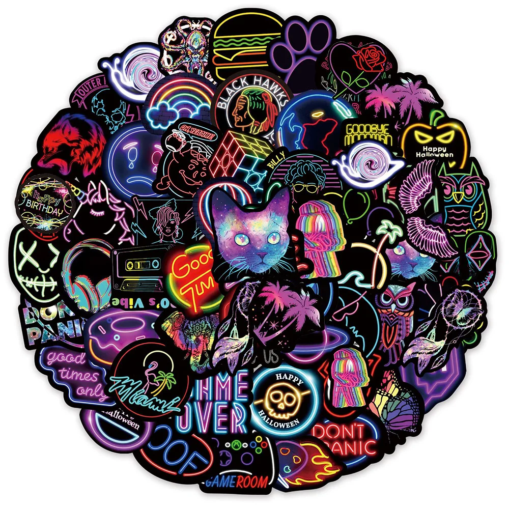 

10/30/50/100pcs Cartoon Neon Light Anime Graffiti Stickers Aesthetic Diary Scrapbook Phone Laptop Waterproof Sticker for Kids
