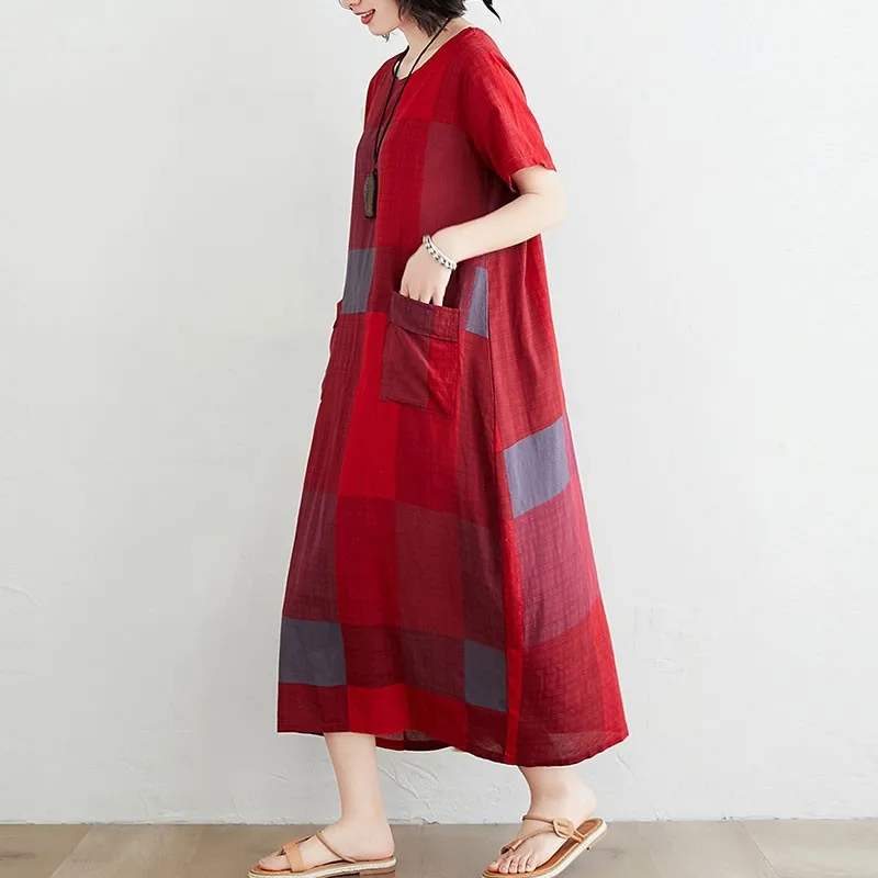 

Oversized Women Loose Casual Dress New Arrival 2021 Summer Simple Style O-neck Plaid Female Cotton Linen Long Dresses S3296