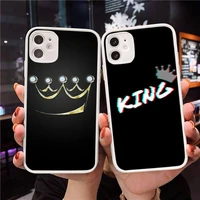 cartoon crown letter king queen diy phone case for iphone 12 11 mini pro xr xs max 7 8 plus x matte transparent white cover