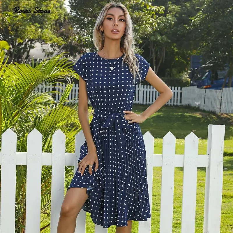 2021 New Summer Polka Dots Sleeveless Pleated Dresses For Women High Waist Midi Elegant Office Green Lady Dinner Party Clothes | Женская