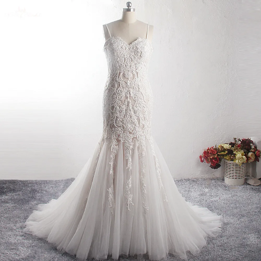 LZ376 Luxury Bling Bead Pearls Wedding Dress Spaghetti Straps Sweetheart Neck Sleeveless Mermaid Sequin Lace Beach | Свадьбы и