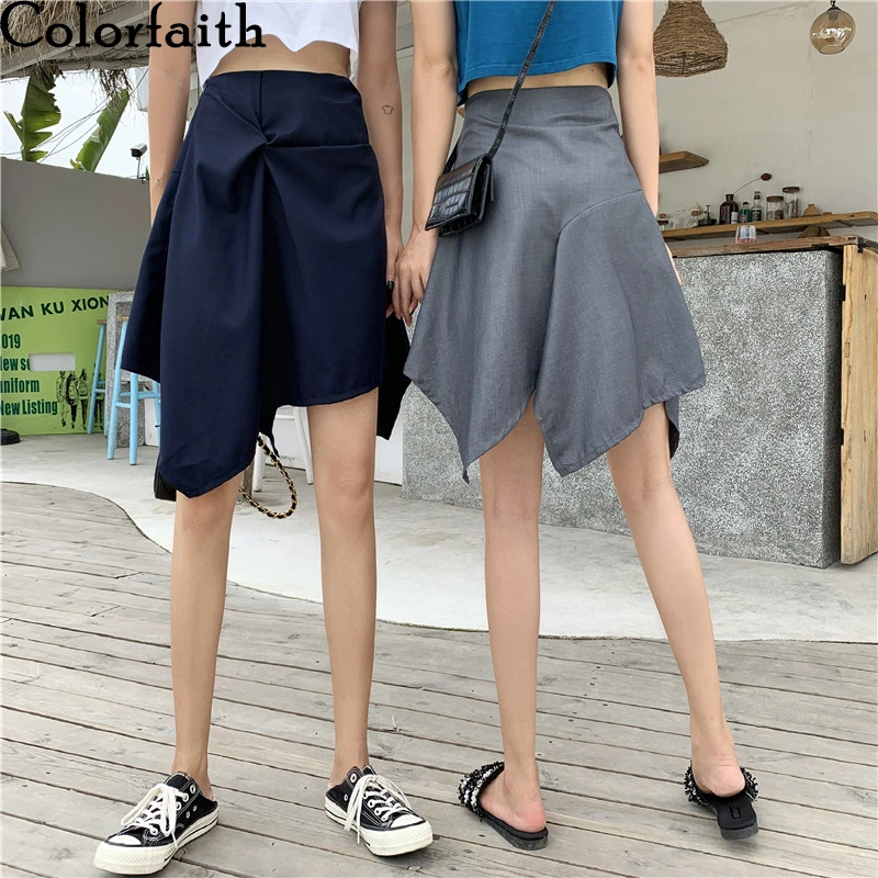 

Colorfaith New 2021 Spring Summer Women Skirts High Waist Irregular Pleated Fashionable Wild Midi Femininas Fold Skirt SK2049