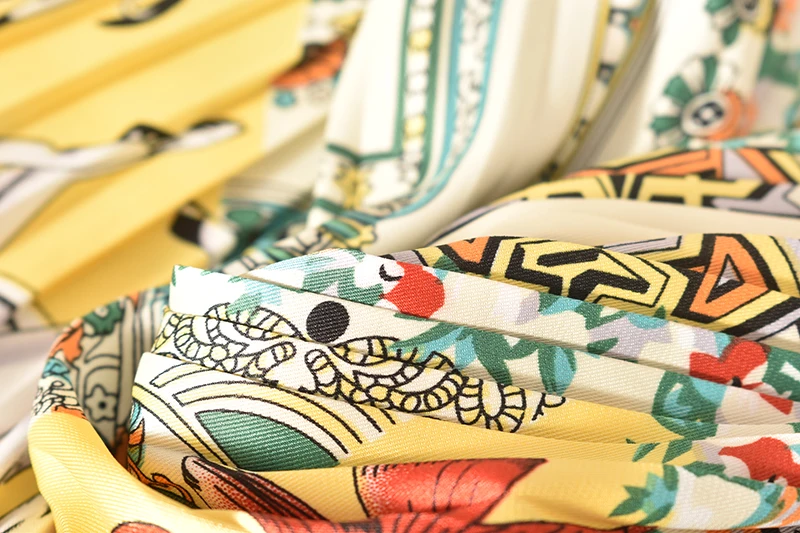 

Autumn Women Pleated Long Dress Court Pattern Ladies Waistband Printed A-line Long Sleeves Swing Mid-calf Dress