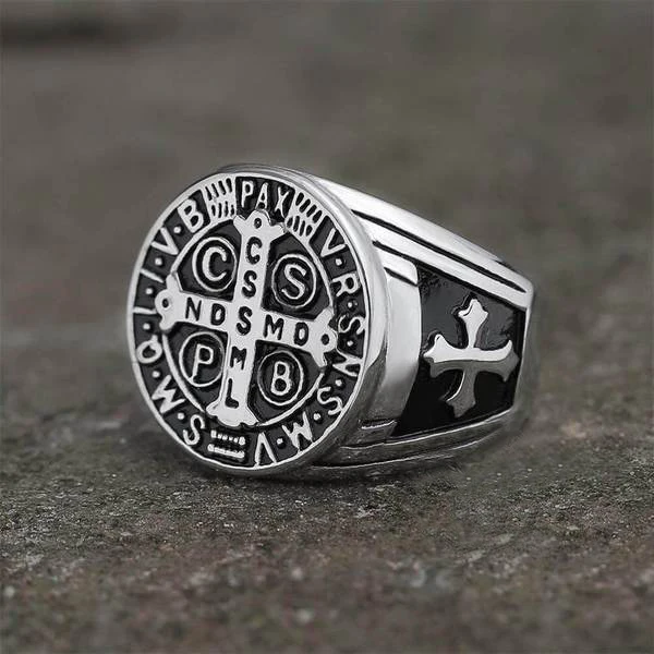 Dropshipping Saint Benedict of Nursia Catholic Church Christianity Jesus Exorcism Cross Ring 316L Stainless Steel Boyfriend Gift