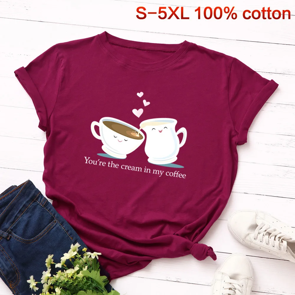 SINGRAIN Женская симпатичная летняя футболка с принтом чашек хлопковая Футболка